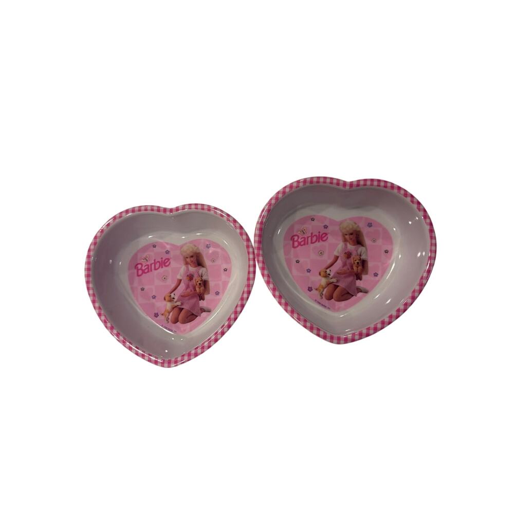 Vintage 1996 Barbie Heart Shaped Bowls Pink Gingham Puppies Zak Designs Set of 2
